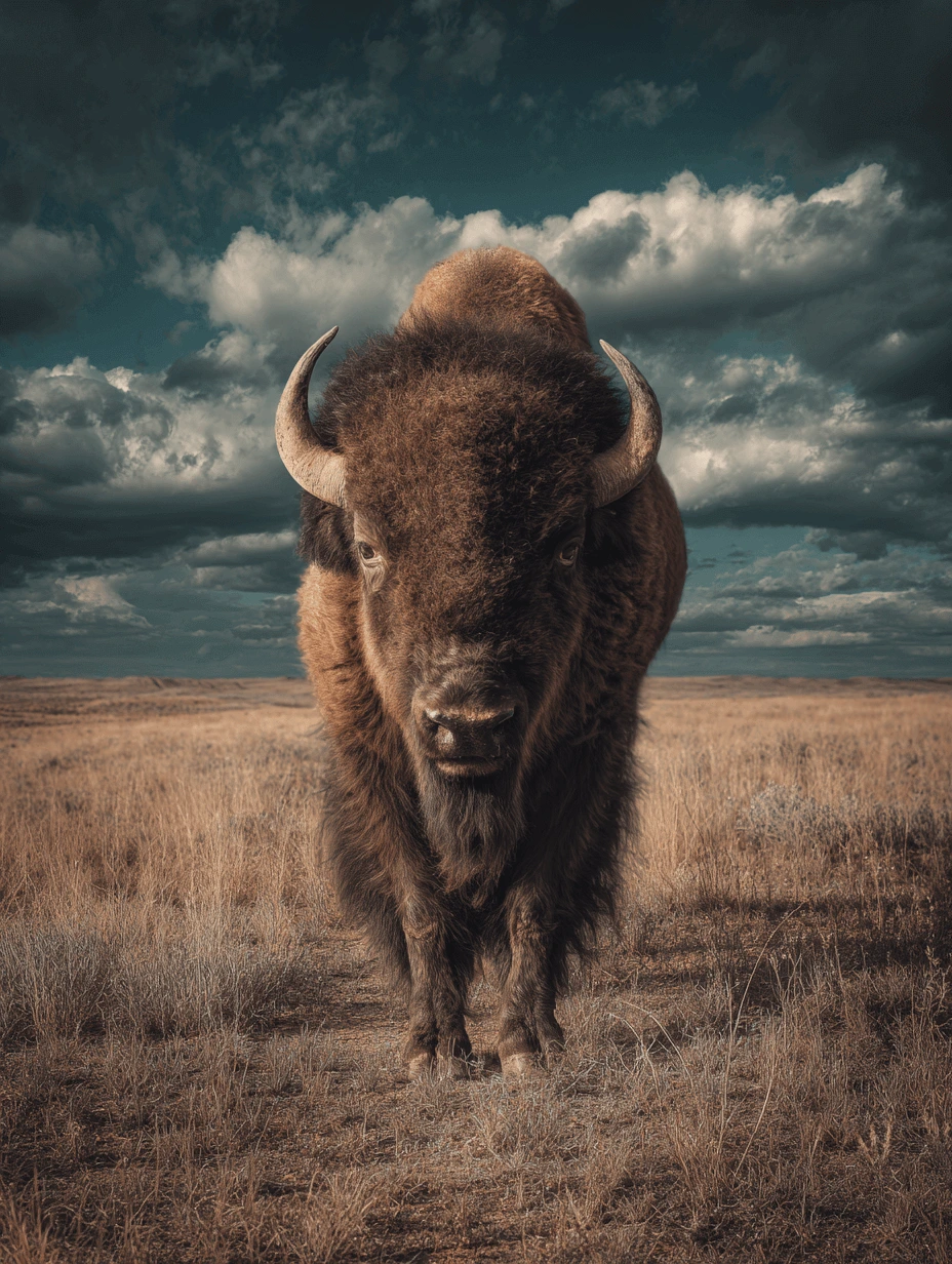 A powerful American bison standing alone in a golden grassland under a dramatic, cloudy sky. The animal faces the viewer directly, symbolizing strength, resilience, and the success of conservation efforts in national parks.
