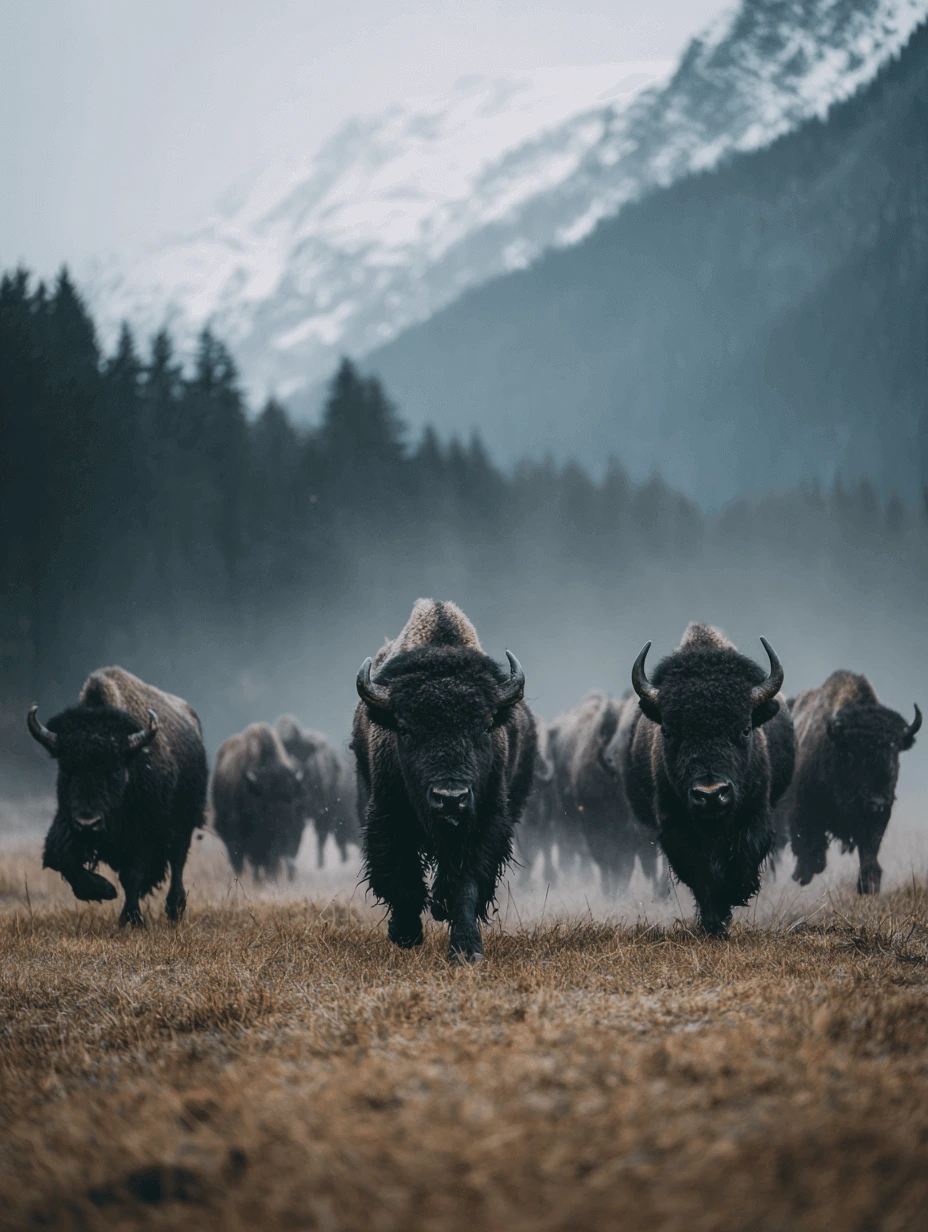 A herd of American bisonz run across a dry grassland with snow-covered mountains and a pine forest in the background, symbolizing wildlife resurgence in protected natural parks.r