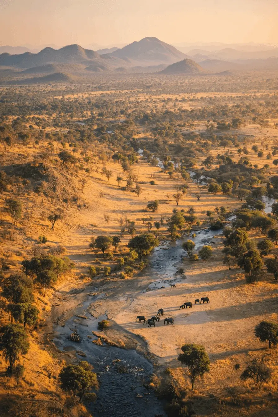 Aerial view of Kruger National Park at sunset, showing vast savannahs, a herd of elephants walking near a river.