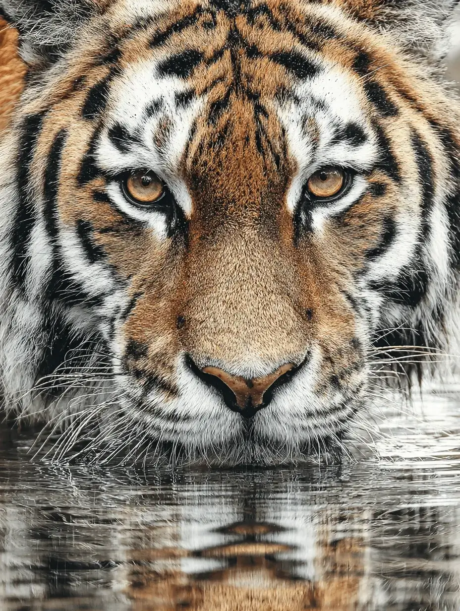 A photograph of an tiger in the wild, drinking water, its intense amber eyes staring directly at the camera, with its face reflected on the still surface of the water.