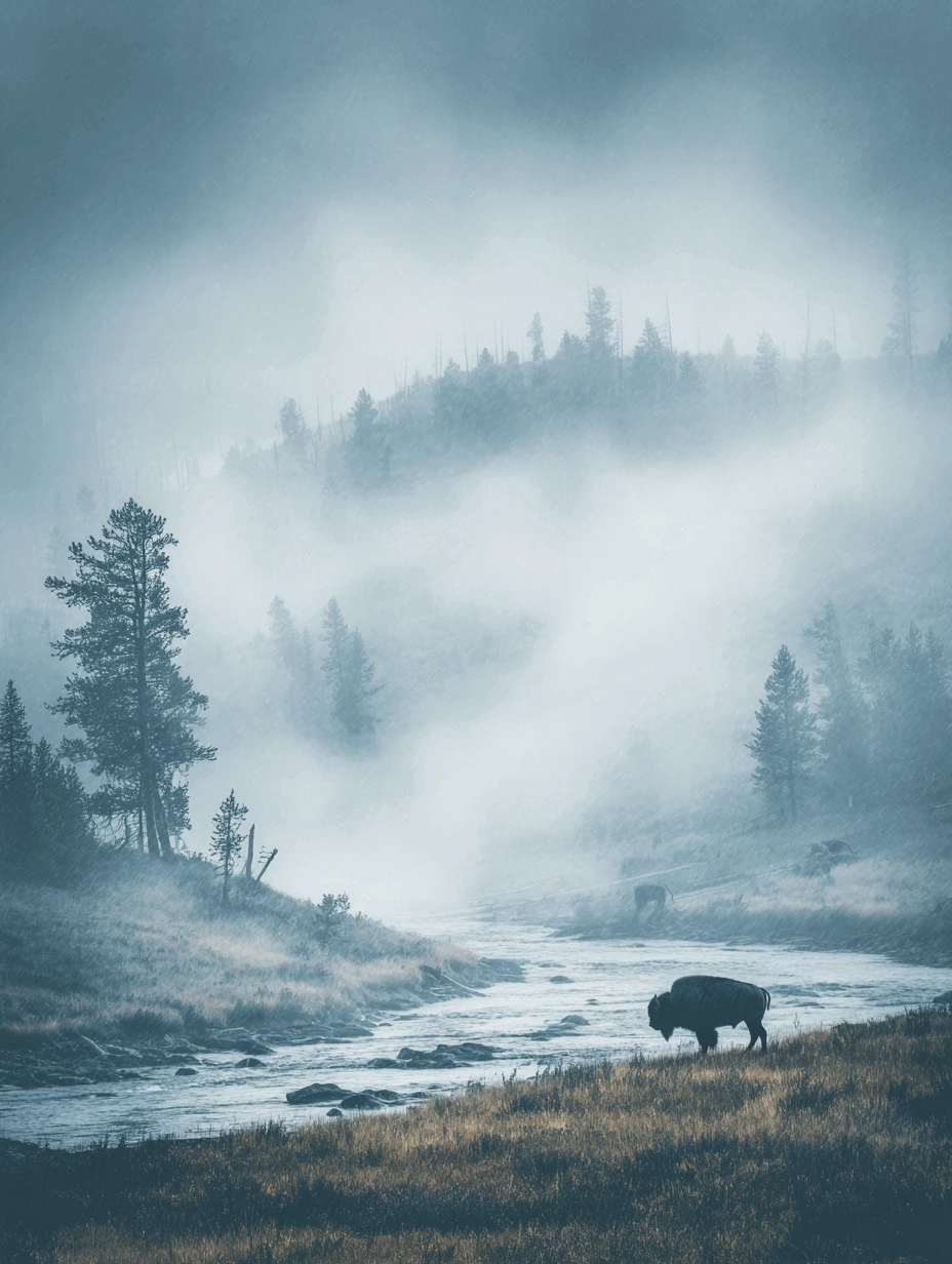 A misty landscape in Yellowstone National Park showing a bison standing near a riverbank, with fog covering the forested hills in the background and other bison grazing in the distance. The scene is moody and serene, emphasizing the wild and protected environment of the park.