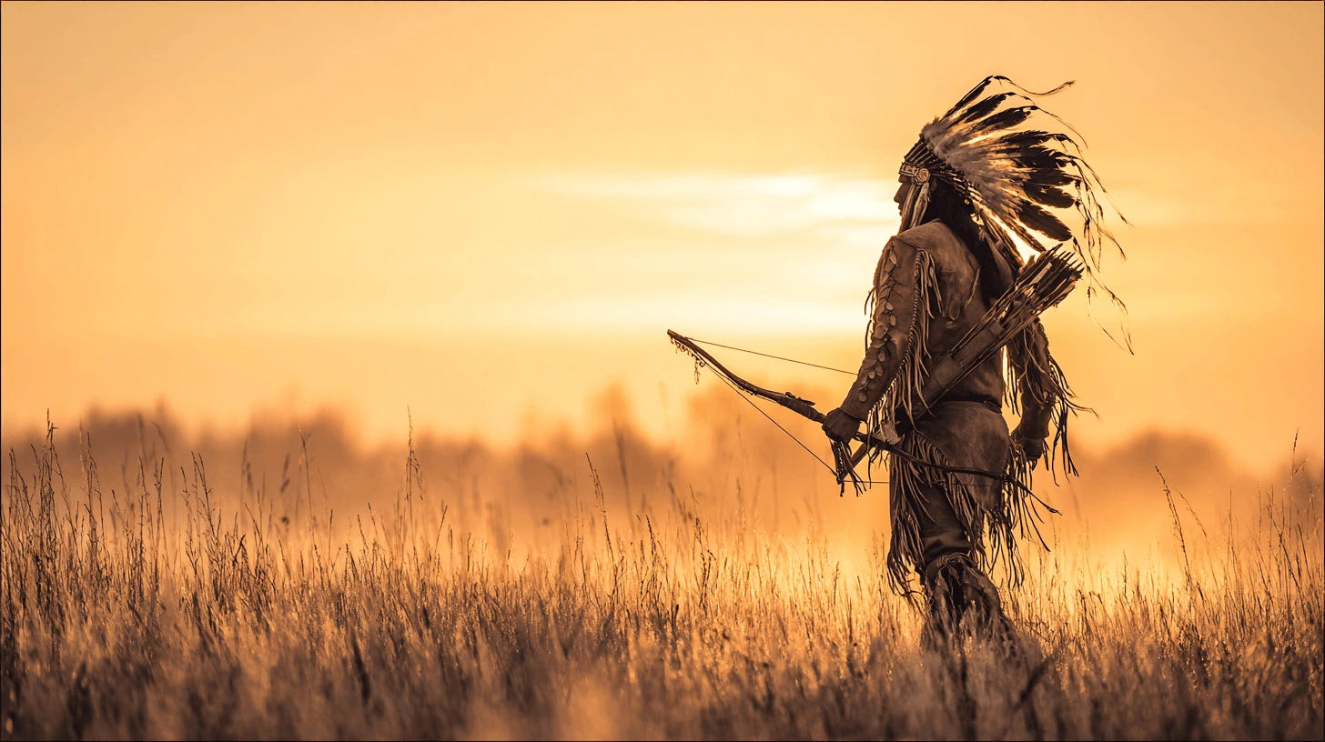 Indigenous person walking through a golden grass field at sunset