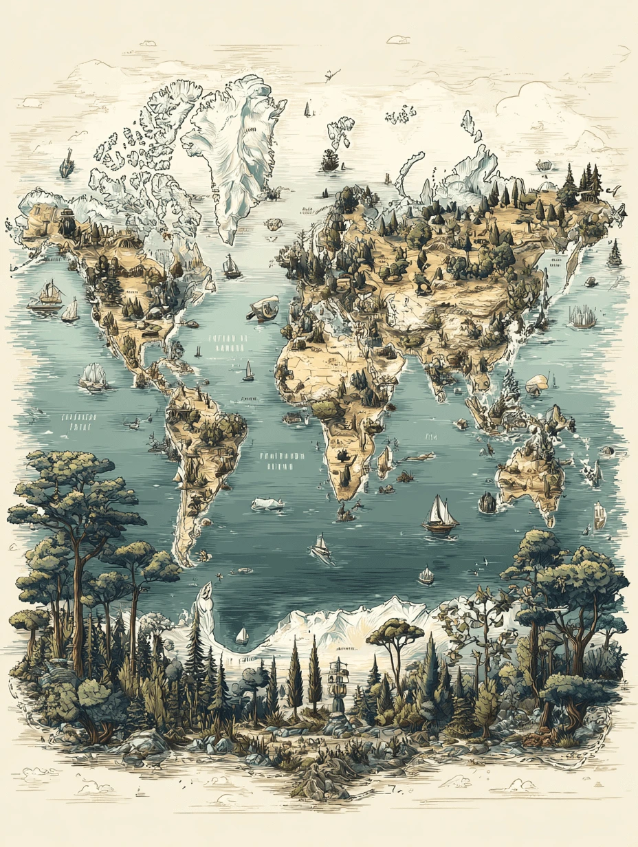 Whimsical illustrated map of the world with forests, wildlife, and sailing ships