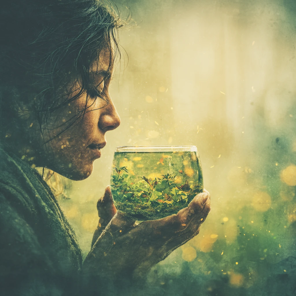 A woman holding a glass filled with the essence of nature, as if she is drinking pure life. Inside the glass, swirling green mist, tiny glowing leaves, soft floating petals, and particles of light. Her expression is serene and mesmerized. Sunlight filtering through the trees creates golden bokeh around her