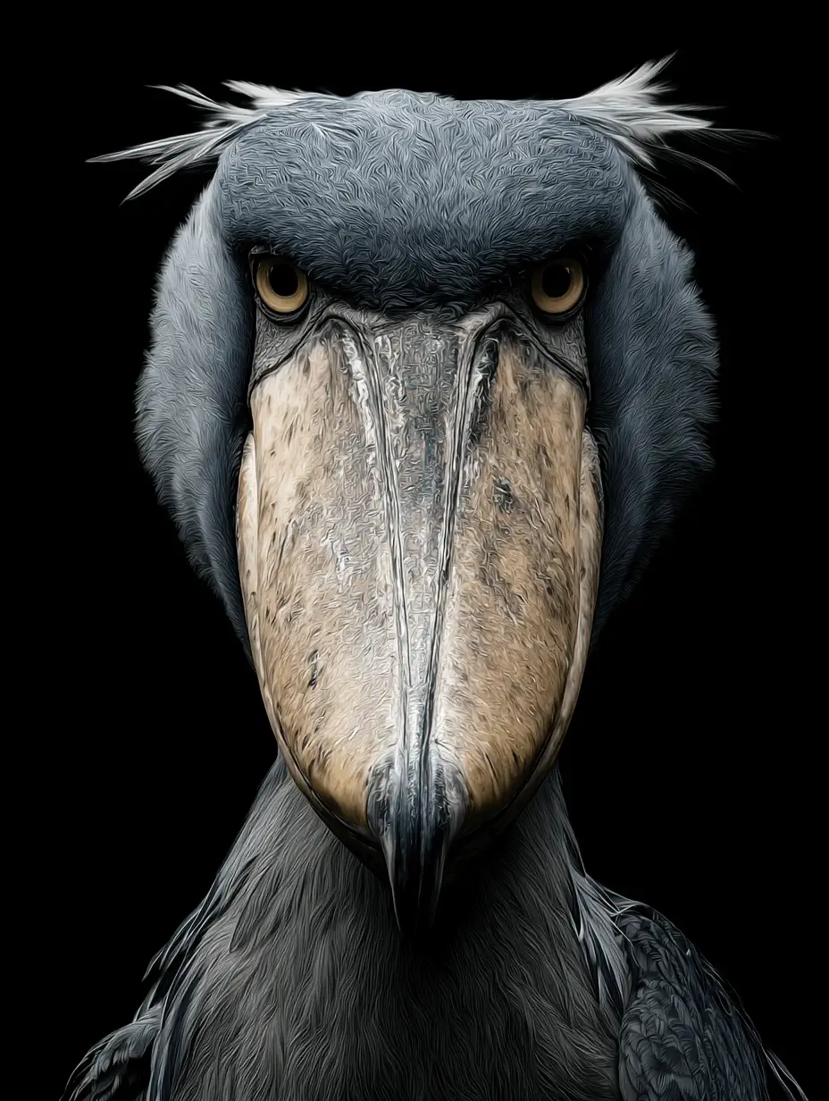 Close-up frontal portrait of a shoebill stork with intense yellow eyes and a massive beak, set against a solid black background. The bird’s unique feathers and fierce expression are clearly visible, emphasizing its prehistoric appearance and striking features.