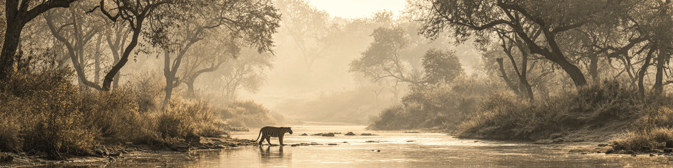 tiger in Ranthambore's tourist zone at sunrise, shimmering golden light spilling across gently flowing crystal-clear waters