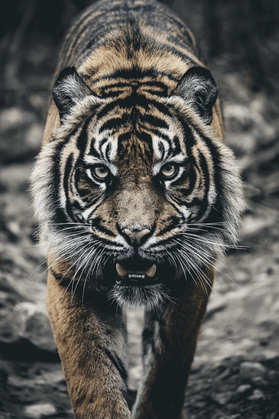 A photograph of an tiger in the wild, walking towards the viewer.