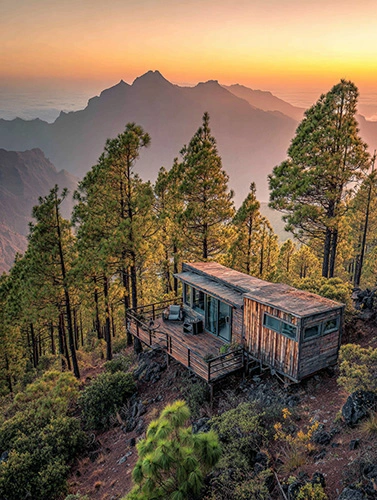 Modern tiny house parked in the wilderness, surrounded by tall pine trees, golden-hour warm sunlight, minimalist wooden architecture with large windows