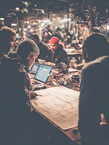 A group of diverse people gathered around laptops in a warm workspace, collaborating on a technical DIY project, blueprints and wiring diagrams on the table, friendly teamwork mood, warm colorful cinematic lighting