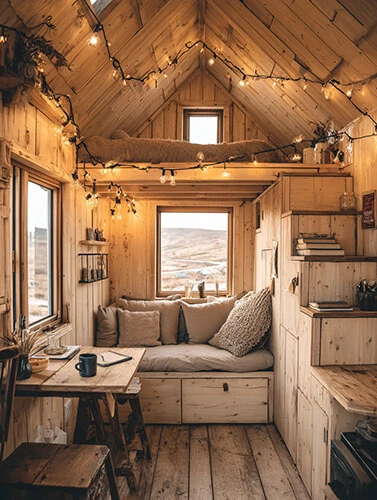 A cozy modern tiny house interior with a lofted bed decorated with colorful warm string lights, a small fold-down table with a coffee cup, clever built-in storage in every corner, soft warm lighting, minimalist modern wood design
