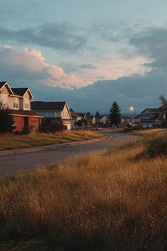 A quiet suburban neighborhood at dusk, empty streets and closed houses, high grass, a feeling of abandonment, soft fading light, calm and reflective mood.