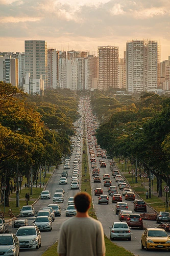 A person looking at an avenue full of buildings, standing on the center median with cars passing in both directions