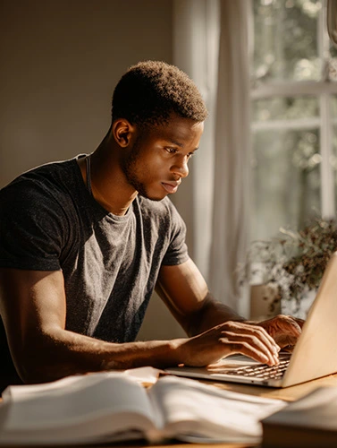 A focused young black man adult learner seated at a desk using only a laptop displaying text-based learning content. No books, no notebooks, no papers, no additional study materials visible. The learner appears calm, confident, and reflective, suggesting intentional and autonomous control over their learning process. Natural window light, soft shadows, balanced minimalist composition, neutral and warm academic tones.