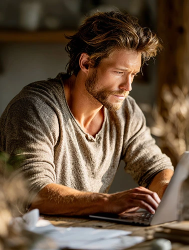 A focused man adult learner seated at a desk using only a laptop displaying text-based learning content. No books, no notebooks, no papers, no additional study materials visible. The learner appears calm, confident, and reflective, suggesting intentional and autonomous control over their learning process. Natural window light, soft shadows, balanced minimalist composition, neutral and warm academic tones.