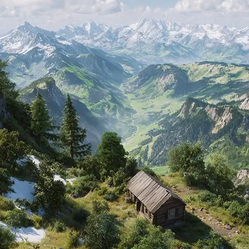 Aerial view of a small wooden cabin in the mountains, beautiful landscape in the background
