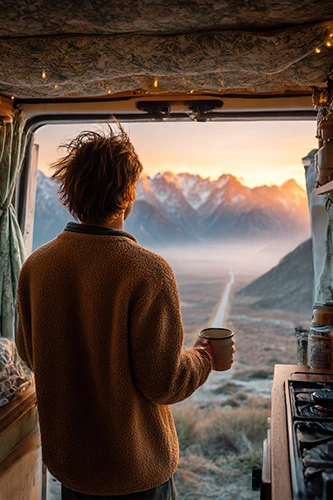 A young person standing by a converted van at sunrise, holding a mug of coffee and looking at a mountain view. The back doors of the van are open, showing a simple cozy interior.
