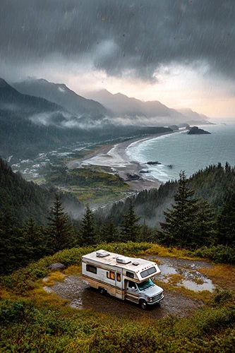 A motorhome parked at a scenic viewpoint overlooking a coastal landscape. In the distance, a wide ocean inlet forms a deep bay, surrounded by rugged mountains partially covered by low clouds.