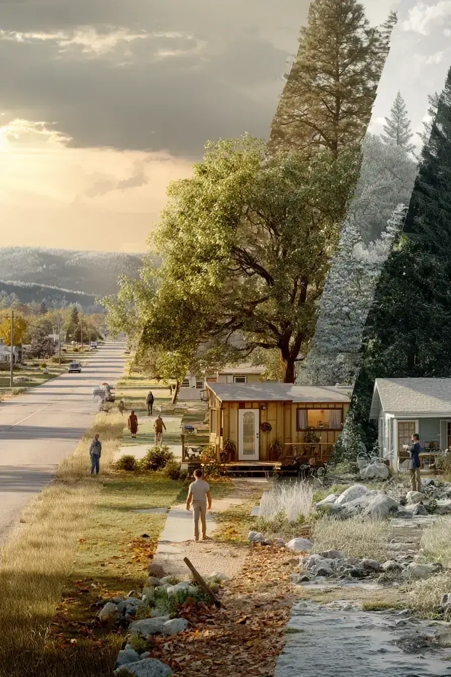 Evolution of American housing ideals from 1950s suburbs through 1970s simplification to post-2008 tiny houses