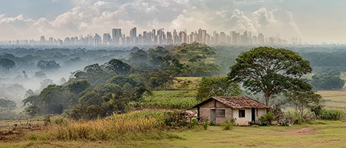 Horizontal landscape merging a city skyline on the left into forests and farmland, ending with a small house among trees on the right.