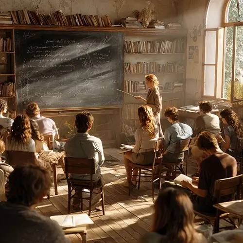 a high school English classroom. A large black board is hanging on the wall at the front of the room. A teacher in their 30s or 40s is standing next to the black board, with a stick or laser pointer while explaining. Around them, a group of teenagers are sitting in a semicircle, some on chairs, some on small desks, attentively watching the teacher explain a english rolls