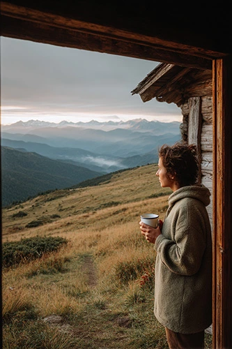 A person standing outside a simple mountain cabin, holding a cup with both hands, looking out toward a vast horizon of mountains. Early morning or late afternoon light. Calm atmosphere, no movement, no technology visible. The cabin is modest and blends into the landscape.