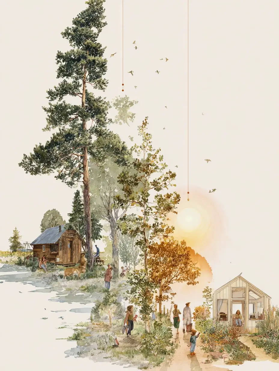 A poetic educational illustration about the history of simple living and the tiny house movement, showing a cabin in the woods, a 1960s commune, and a modern tiny house connected by a glowing thread of light