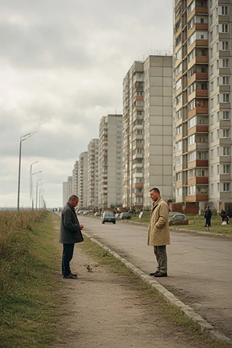 A row of identical apartment buildings stretching into the distance. The repetition emphasizes uniformity and system-driven housing. In the foreground, a confident buyer hands over payment to a serious figure. The buyer stands relaxed and self-assured, contrasting with the rigid environment.