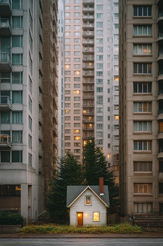 A small, simple house standing between two tall modern apartment buildings, representing the contrast between compact living and urban expansion