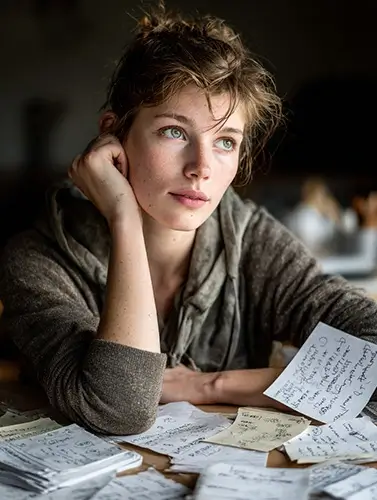 A learner sitting at a desk surrounded by flashcards and grammar notes, while hesitating before speaking or writing. One hand holds a flashcard, the other rests near a notebook with incomplete sentences. The expression is thoughtful, slightly uncertain, not exaggerated. Natural daylight, soft shadows, muted academic tones. The image should suggest contrast between memorized knowledge and difficulty expressing ideas. 