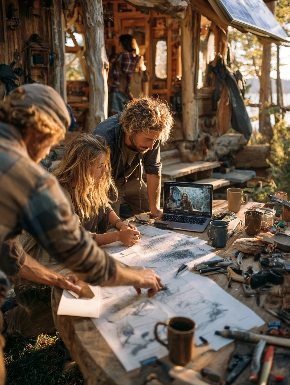 A candid photograph of a small group of people collaborating around a tiny house project. A laptop sits open on a rough wooden table showing a video call in progress, while printed sketches, handwritten notes, and tools are scattered around. The tiny house structure is visible in the background with unfinished wood and exposed beams.