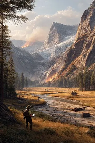 national park showing the impact of climate change and overcrowding at the same time. In the background, a once-massive glacier has shrunk dramatically, with exposed dark rock and thin patches of ice,