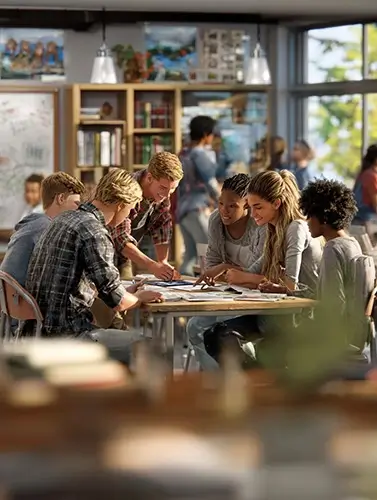A group of high school students are working together on a group activity around a table. The group is visibly diverse, with different skin tones, hair types and body types: one blond student, one with dark straight hair, one Black student with curly hair, and others with mixed features. They are talking, pointing at a worksheet or tablet, and smiling with focused expressions. Classroom details in the background: whiteboard, posters on the wall, shelves with books. 
