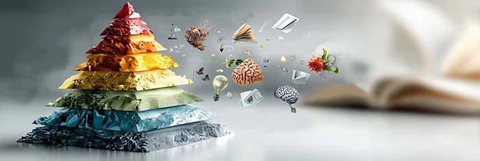 A modern, high-quality conceptual image of Bloom’s Taxonomy as a colorful 3D pyramid, from bottom to top: eating. The lower levels at the base are in cooler colors and slightly blurred, and the upper levels are brighter and more emphasized, symbolizing higher order thinking. Around the pyramid, soft floating icons suggest language learning and CLIL, such as a book, a speech bubble, a brain, and a lightbulb, showing the idea of using English to think