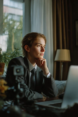 A person at home dressed in formal office attire sitting at a desk in the living room looking out through a window with a thoughtful expression laptop open in front of them a small camera system mounted on the desk facing the person subtle sense of surveillance