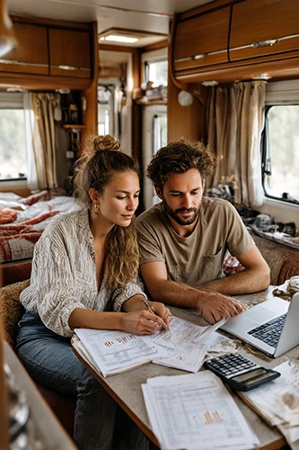 A couple sitting inside a motorhome, focused on analyzing cost spreadsheets together. They are seated at a small dinette table, with a laptop open displaying financial spreadsheets, numbers, charts, and budget columns. Printed papers, notebooks, and a calculator are spread across the table.