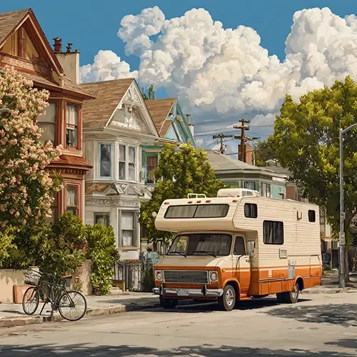 A motorhome parked on a city street, urban environment, residential neighborhood, daytime