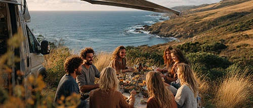 A group of close friends gathered on the top of a coastal hill, overlooking the ocean. In the background, the sea stretches to the horizon with a calm blue bay forming a natural cove below. In the foreground, the friends are sitting around a simple outdoor table in front of a motorhome, its awning fully extended, creating shade.