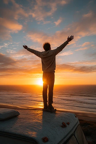 A person standing on top of a motorhome parked near the beach arms wide open facing the ocean sense of freedom and release golden hour light vast sky and sea in the background