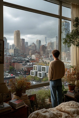 A young adult stands near a window overlooking a dense city, while subtle visual cues suggest the past: vintage furniture details from the 1980s, books, analog objects, warm tones. Outside the window, modern tiny houses and micro-apartments appear in the distance, blending past and present.