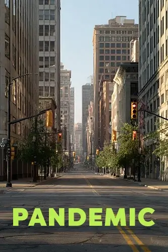 An empty downtown city street early morning light office buildings on both sides no people no cars traffic lights on sense of stillness and suspension clean urban architecture pandemic aftermath atmosphere