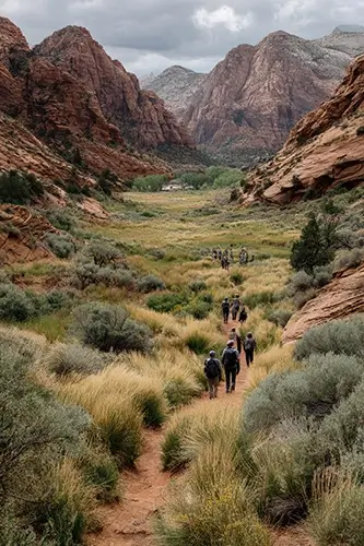  O people walking close together, some stepping off the trail onto fragile vegetation. The landscape shows signs of wear: trampled grass, exposed soil, damaged plants. Natural lighting, neutral colors, no dramatic effects