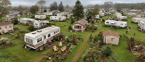 Aerial view from a drone. A year-round campground with trailers and RVs arranged like a small neighborhood, outdoor chairs, plants and personal items visible.