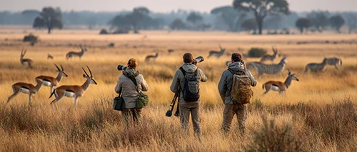 Three people standing in an open savannah plain, quietly observing and photographing wildlife from a distance. They carry professional cameras with telephoto lenses and wear neutral outdoor clothing. In the background, wild animals such as antelopes and zebras move freely across the landscape.