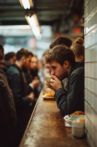 A single person standing at a narrow bakery counter in a busy city, drinking coffee quickly from a small ceramic cup. Morning rush atmosphere. Other customers blurred in motion behind them, city noise implied. Fluorescent lighting, tiled walls, worn wooden counter. The person looks thoughtful and slightly tired, staring into the coffee