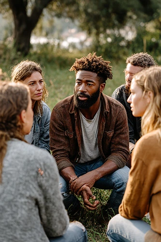 A small group of adult people sitting in a circle outdoors, one person speaking while others listen attentively