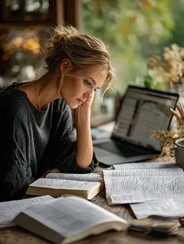 A focused adult learner sitting at a desk, thoughtfully reviewing different language learning materials: an open notebook with handwritten notes, a laptop displaying text-based content, a book partially open. The person is not rushing or smiling at the camera, but reflecting and evaluating. Natural daylight from a window, calm and intelligent atmosphere, neutral tones, realistic skin texture
