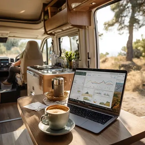 A calm interior scene inside a motorhome, a table in the foreground with a laptop open showing simple