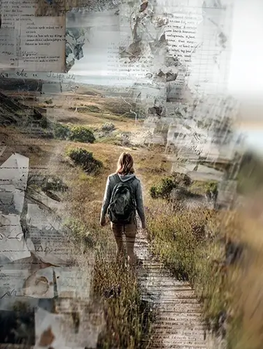 A person seen from behind, walking through a vast natural landscape that blends subtly into cultural and intellectual elements a national park trail merging into historical architecture and urban details. Floating naturally in the environment are faint, semi-transparent fragments of English phrasal verbs, audio waveforms, handwritten notes, and images as if knowledge is embedded in the world itself, not studied separately. The scene feels calm, curious, and meaningful, not academic.