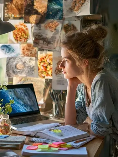 a young adult studying English at home using CLIL. They are sitting at a desk with a laptop open on a documentary about space or history, English subtitles visible. Next to the laptop there is a notebook with highlighted words, colorful sticky notes and a small mind map. On the wall above the desk, there are printed images and notes about different topics like astronomy, art and cooking, showing their interests.