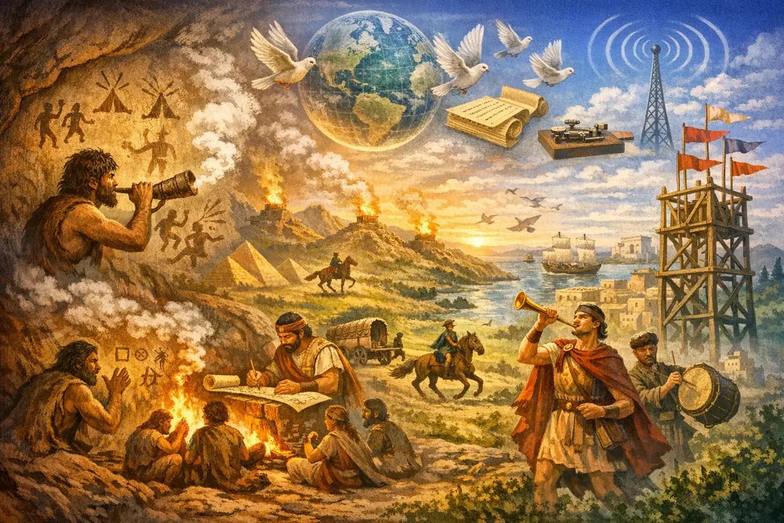Illustration showing the evolution of human communication, from prehistoric cave drawings and early humans using horns and gestures, to ancient writing, messengers on horseback, signal fires, drums, ships, and finally modern radio transmission, all blended into a single historical landscape.